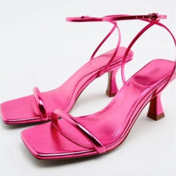 NWT Zara Pink Metallic Mid-Height Ankle strap Heels - Picture 1 of 8